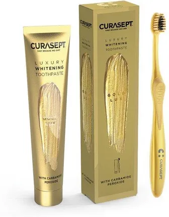 Набор Curasept Whitening Luxury System Gold Lux, отбеливающая зубная паста с золотом и зубная щётка