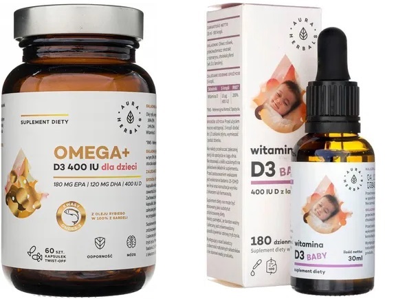 Набор для детей Aura Herbals, омега-3 с витамином D3 800 МЕ в капсулах и витамин D3 Baby 400 МЕ в каплях