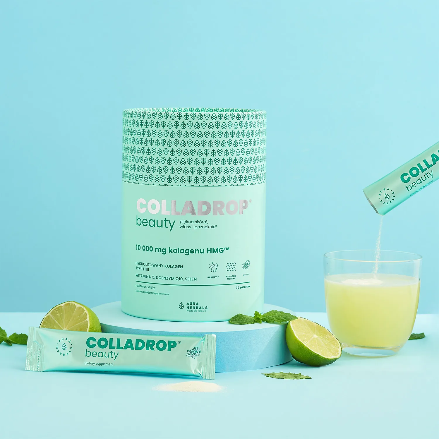 Коллаген Aura Herbals Colladrop Beauty HMG 10 000 мг, с витамином C и Q10, мохито, 30 саше — фото 3