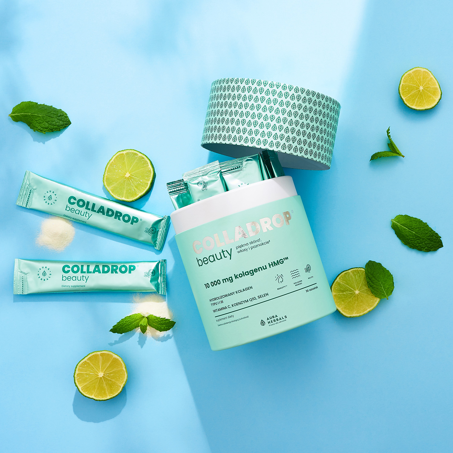 Коллаген Aura Herbals Colladrop Beauty HMG 10 000 мг, с витамином C и Q10, мохито, 30 саше — фото 2