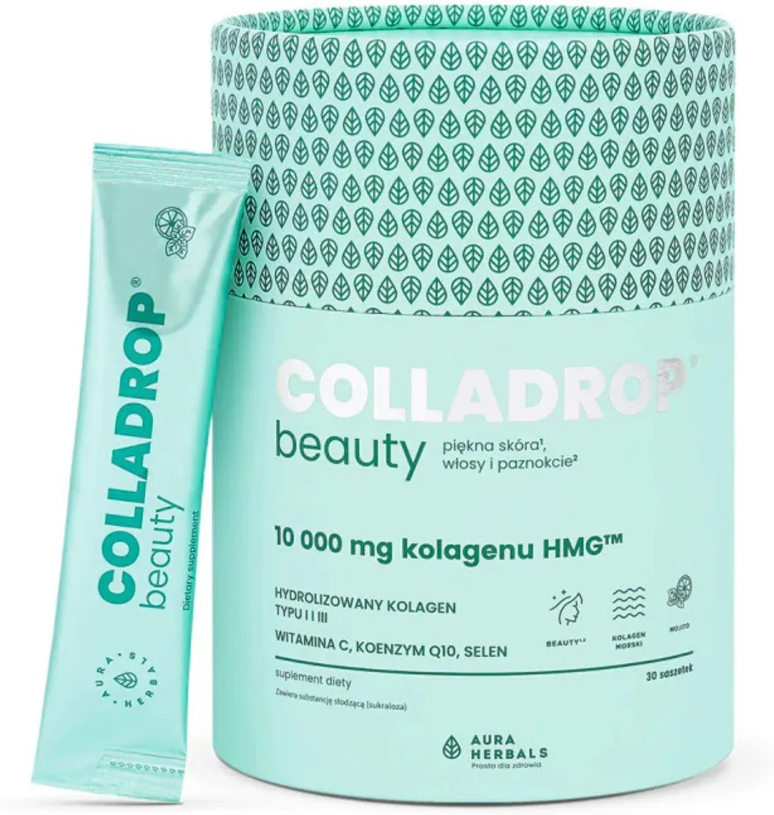 Коллаген Aura Herbals Colladrop Beauty HMG 10 000 мг, с витамином C и Q10, мохито, 30 саше